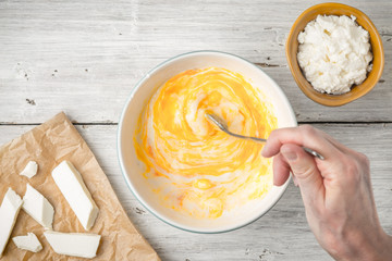 Preparation topping from eggs , cheese and yogurt top view