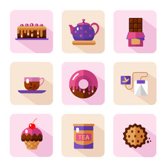 Vector flat style icons of tea party and sweets products. Dessert icons set. Cup, teapot, tea can, tea bag, donut, chocolate, cake, cookie, muffin.