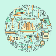 Fototapeta premium Vector color modern line style icons concept of constructions tools. Pliers, drill, spatula, helmet, shovel, saw, screwdriver, wrench, paint roller, paint bucket, brush. Round shape illustration.