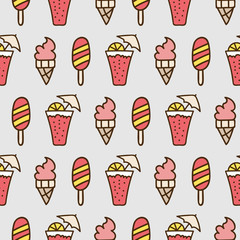 Seamless summer background. Hand drawn pattern. Suitable for fabric, greeting card, advertisement, wrapping. Bright and colorful cocktail and ice cream backdrop