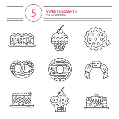 Vector modern line style icons set of sweets and candies products. Dessert icons set. Donut, cake, cookie, croissant and pretzel, pancakes, muffin.