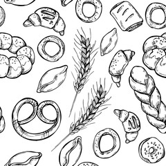 Hand drawn vintage seamless pattern - Bakery shop. Grocery store