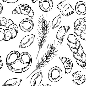 Hand drawn vintage seamless pattern - Bakery shop. Grocery store