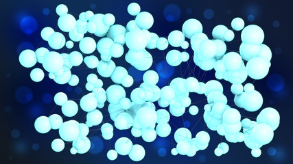 Abstract molecules and communication technology background with connected blue glowing spheres and lines on a dark background. Global network connection. 3D illustration.