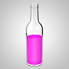 Glass bottle with pink liquid. Raspberry lemonade mock up. Bottle with a poisonous liquid. 3D illustration of purple cola. 