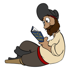 A cartoon pirate reading a book.