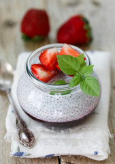 Healthy Breakfast. Greek yogurt with Chia seeds, strawberries and strawberry jelly
