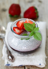 Healthy Breakfast. Greek yogurt with Chia seeds, strawberries and strawberry jelly
