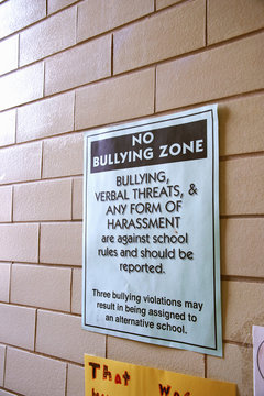 Sign posted on campus of primary school in Atlanta, Georgia, to make students aware that bullying behavior would not be tolerated