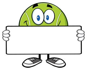Tennis Ball Cartoon Mascot Character Holding A Sign