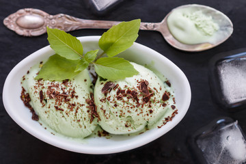 Homemade organic mint ice cream with chocolate. A refreshing summer dessert. Selective focus
