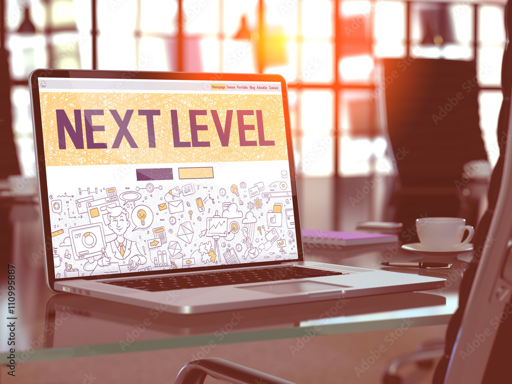 Aufkleber next level concept. closeup landing page on laptop screen in doodle design style. on background of c