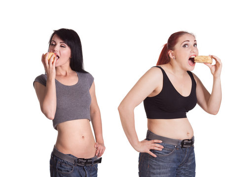 Comparison of thin woman eating an apple and a fat woman eats a cake. Before and after weight loss. rejuvenation. Concept diet food.