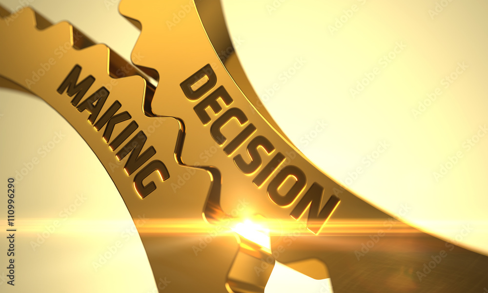Poster golden cog gears with decision making concept. decision making golden gears. decision making - illus