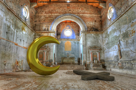 Icons Of New Islam And Old Christianity Meet In An Abandoned, Derelict, Italian Church.