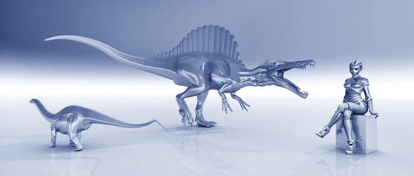 Female robot and sculptures of dinosaurs