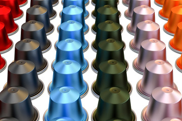 3D illustration of coffee capsules blue column