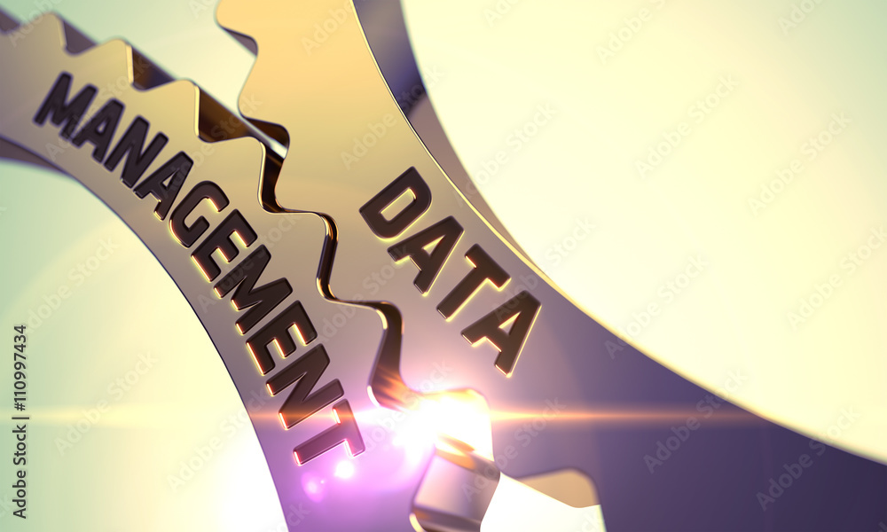 Poster data management golden metallic cogwheels. golden gears with data management concept. data managemen