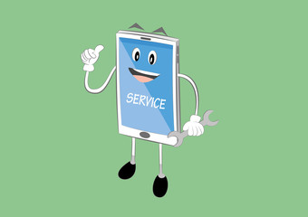 vector illustration of smartphone mobile cartoon character holding wrench. online repair service concept. eps 10