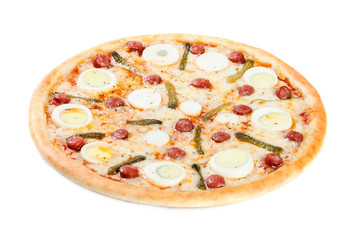 Pizza with eggs, cornichon and sausages