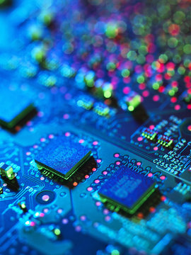 Close up detail of blue computer circuit board