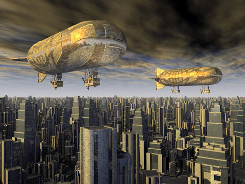 Fantasie Luftschiffe über einer Megastadt der Zukunft
