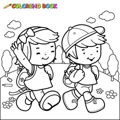 Little girl and a boy students walking to school. Vector black and white coloring page.
