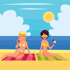 Obraz na płótnie Canvas Two girlfriends at the beach with a cocktail, vector illustration cartoon catfish, two girls lying on a sunny beach with alcoholic cocktails, girls on vacation lying on the sea sand with cocktails
