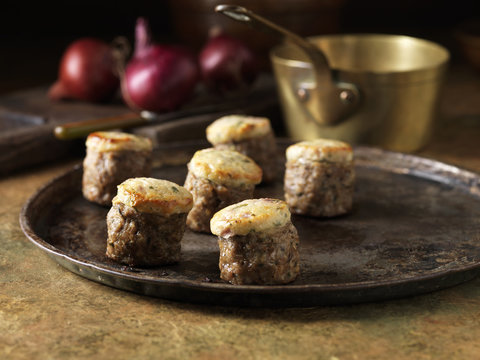 Festive Christmas ingredients of pork & wild mushroom stuffing with stilton & red onion