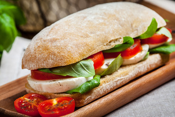 Ciabata with mozzarella, tomato and basil