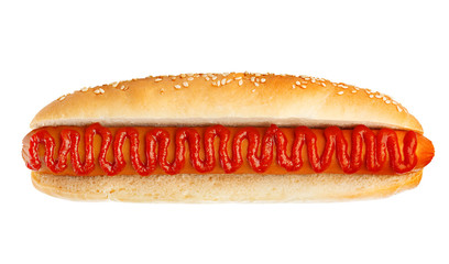 Classic hot dog with ketchup close-up isolated on a white background.