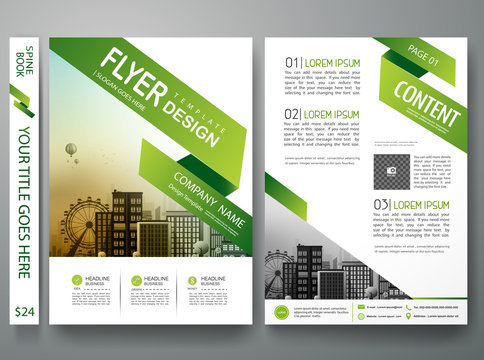 Brochure design template vector. Flyers annual report business magazine poster.Leaflet cover book presentation with abstract green shape and flat city background. Layout in A4 size.illustration.