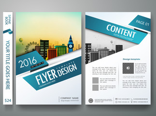 Brochure design template vector. Flyers annual report business magazine poster.Leaflet cover book presentation with abstract blue shape and flat city background. Layout in A4 size.illustration.