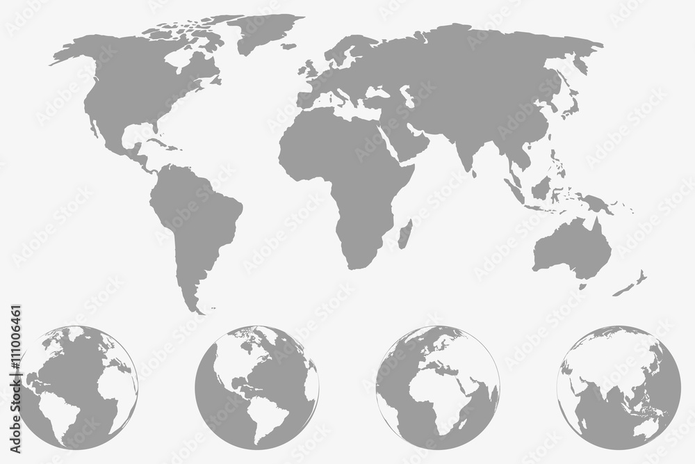 Aufkleber World map with four globe icons from different sides. Stylized geometric flat vector