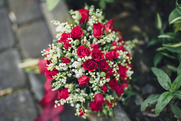 Fototapeta na wymiar Wonderful luxury wedding bouquet of different flowers