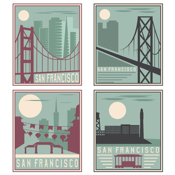 old style vintage retro posters with San Francisco landmarks