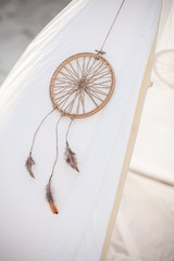 Indian tent. Dreamcatcher on white tent. Hunter of dreams. 