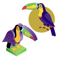 Bird toucan in a flat style and an isometric view.