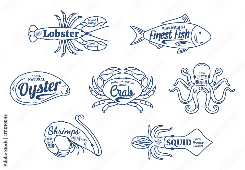 Wall mural seafood shop logo. seafood thin line icons set