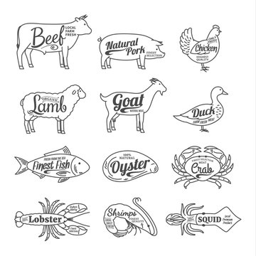 Butchery and Seafood Shop Logo. Vector Farm Animals and Seafood