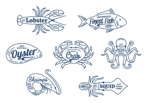 Seafood shop logo. Seafood thin line icons set