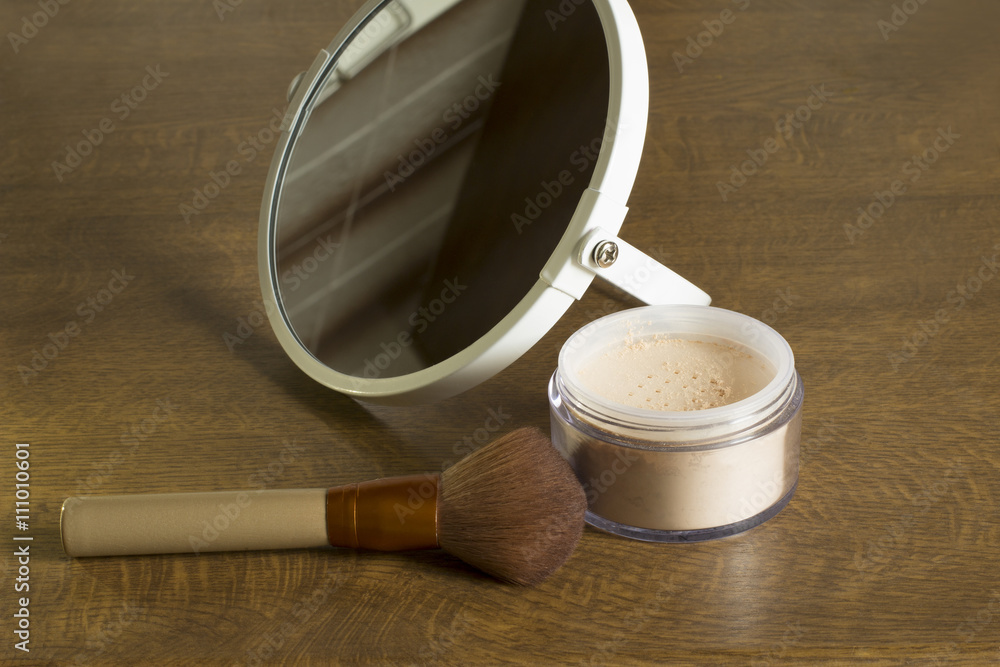 Wall mural makeup brush and loose powder