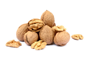 Pile of walnuts isolated on white background