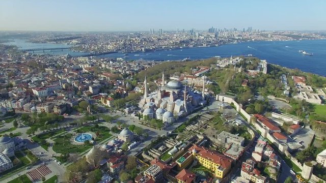 Aerial view from drone of famous landmark - Hagia Sophia in Istanbul, Turkey