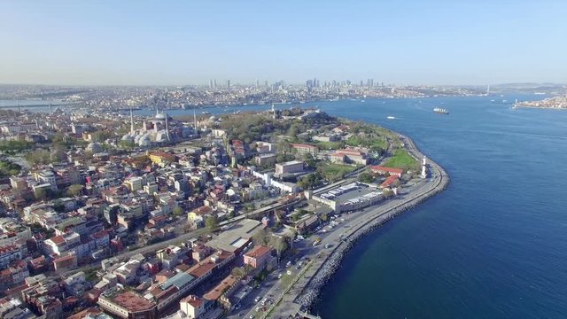 Aerial view from drone of seafront and famous landmark - Hagia Sophia in Istanbul, Turkey