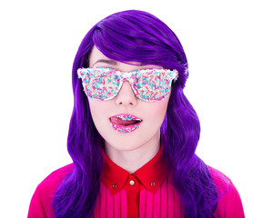 woman with purple hair and glasses covered by colorful sugar can