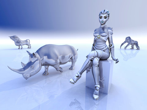Female robot and sculptures of wild animals