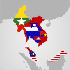Auswahl südostasiatischer Länder mit Landesflaggen