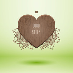 Woody heart with brown mandala in eco style