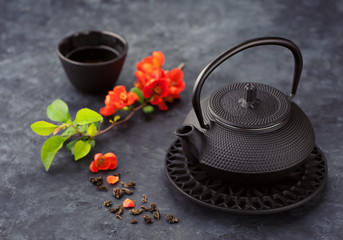 Obraz na płótnie Canvas Asian cast iron tea set with green tea. Tea ceremony